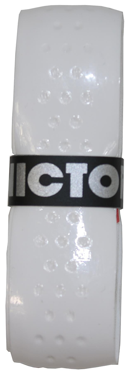 The Victor Soft Grip Replacement Badminton Grip - White (single) is designed with small, raised dots to enhance control and features a sleek black band with "VICTOR" in metallic letters. Its self-adhesive design and Victor finishing tape combine style with functionality.
