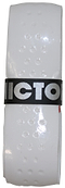 The Victor Soft Grip Replacement Badminton Grip - White (single) is designed with small, raised dots to enhance control and features a sleek black band with "VICTOR" in metallic letters. Its self-adhesive design and Victor finishing tape combine style with functionality.