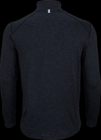 The Victor Badminton Longsleeve Black Melánge 5929 Top by Victor showcases a high collar with a small white double-line design at the back center. Made from lightweight, soft, and slightly textured fabric, it resembles the comfort of a tracksuit.