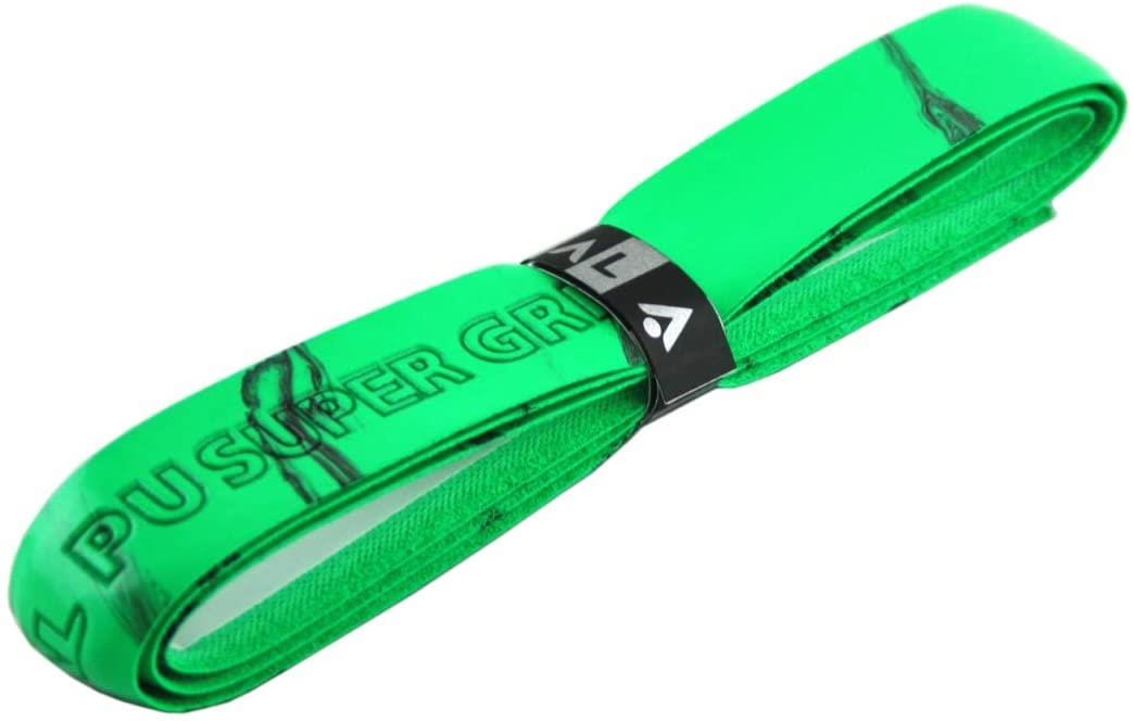 A tightly coiled, marble-effect, bright green PU Super Grip featuring black text and patterns is secured by a black band displaying the Karakal logo. It is perfect for badminton enthusiasts looking for a dependable replacement grip.
