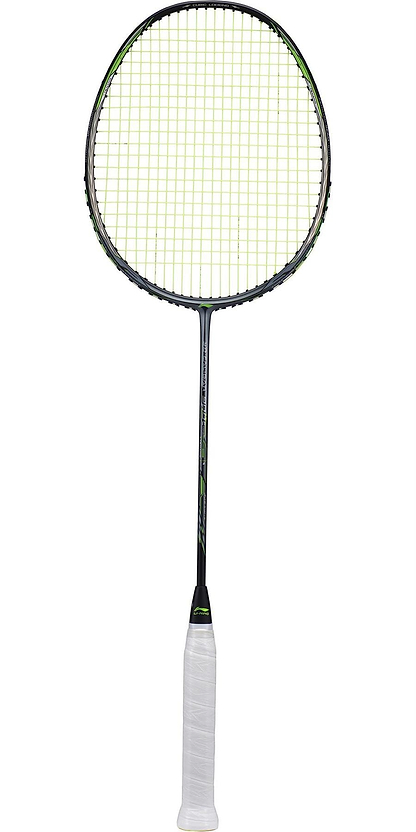 A grey and green Li-Ning 3D Calibar 900 Combat Badminton Racket with 3D Calibar Technology, equipped with green strings and a white grip, displayed against a white background.