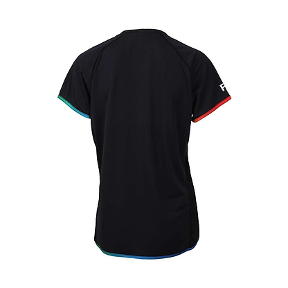 Introducing the FZ Forza Bulgur Solibad Badminton T-Shirt: a black short-sleeve shirt with colorful trim on the sleeves and hem, featuring a subtle white Solibad logo on the left sleeve. Photographed against a plain white background, it beautifully embodies the essence of our badminton community from the back view.