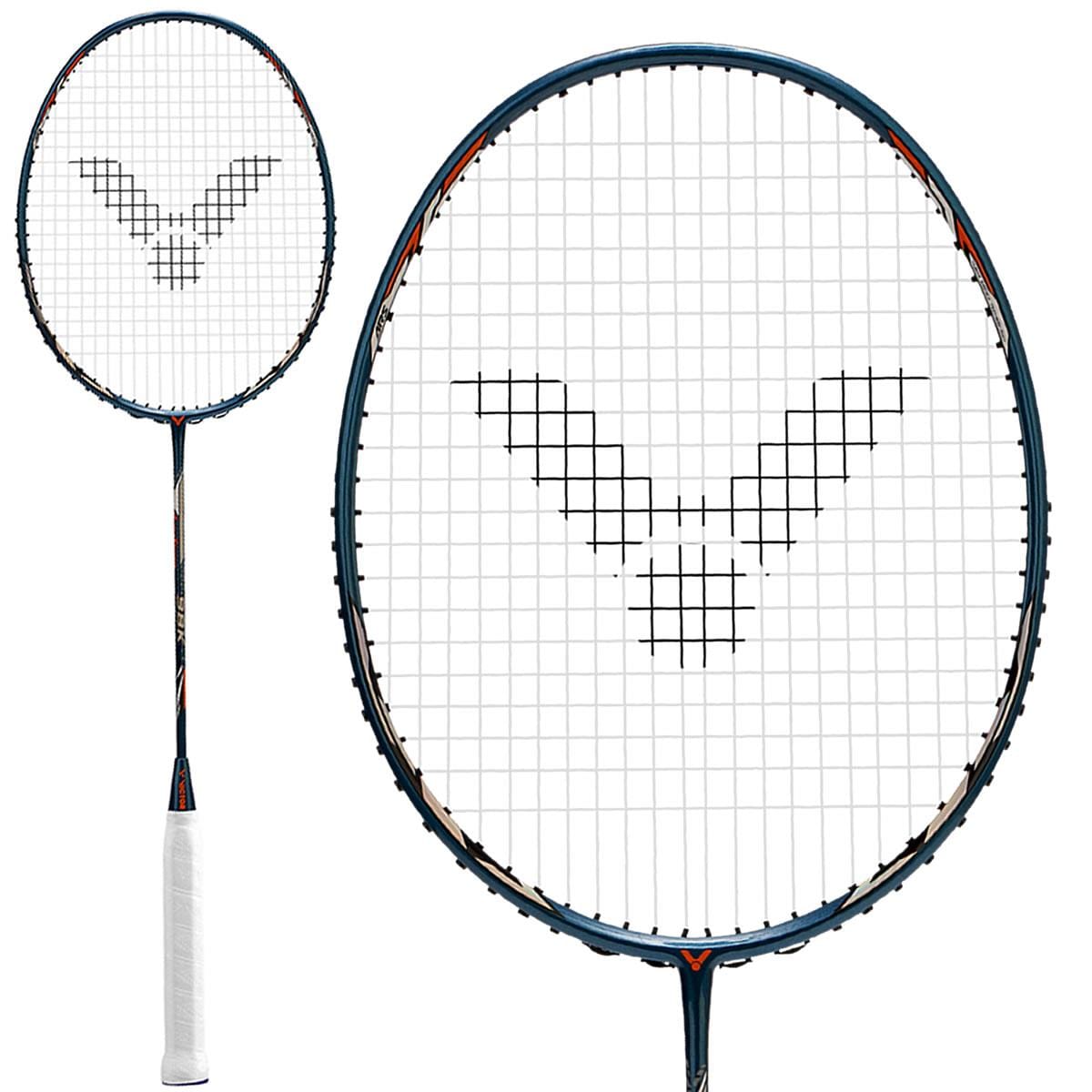 The Victor Auraspeed 98K Badminton Racket - Blue by Victor features a dark, sleek frame paired with a headlight design that improves speed for impactful offensive shots. The white string pattern forms a logo at the center of the racket, and its handle is wrapped in white grip tape. The image includes both a full view of the racket and a close-up of the head.