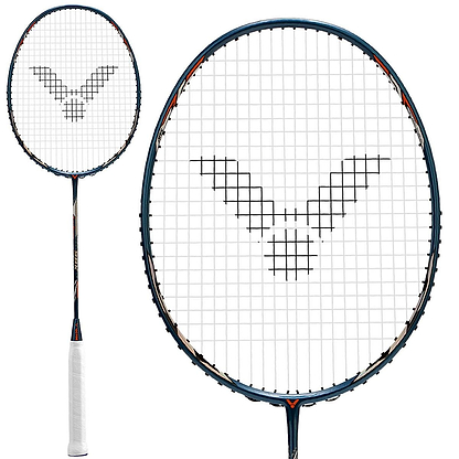 The Victor Auraspeed 98K Badminton Racket - Blue by Victor features a dark, sleek frame paired with a headlight design that improves speed for impactful offensive shots. The white string pattern forms a logo at the center of the racket, and its handle is wrapped in white grip tape. The image includes both a full view of the racket and a close-up of the head.