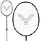 The Victor Auraspeed 98K Badminton Racket - Blue by Victor features a dark, sleek frame paired with a headlight design that improves speed for impactful offensive shots. The white string pattern forms a logo at the center of the racket, and its handle is wrapped in white grip tape. The image includes both a full view of the racket and a close-up of the head.