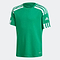 The Adidas Squadra 21 Mens Jersey T-Shirt in green, from adidas, features short sleeves with iconic white shoulder stripes and an Adidas logo on the left sleeve. It is designed with Aeroready Technology for enhanced comfort and performance.