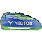 The Victor 9038 Multithermobag Green Badminton Racket Bag is a stylish blue and green sports bag, perfect for carrying rackets. It features "VICTOR" and "BeBrilliant" logos on the side, a sleek design with white accents, two top straps, and a convenient shoe compartment to accommodate multiple rackets.
