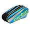 Introducing the Carlton Kinesis Tour 2 Comp 6 Piece Racket Bag in Blue and Silver. This spacious bag, branded with "Carlton," features two compartments with black zippers and a striking neon green stripe, perfect for efficiently storing all your sports equipment.