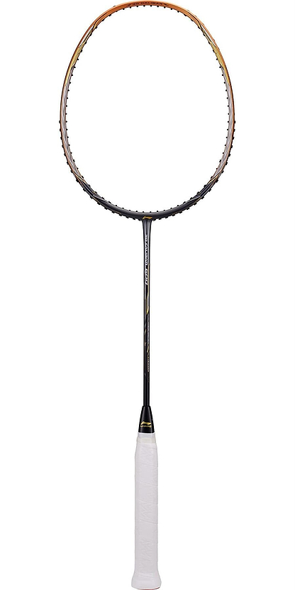 A Li-Ning 3D Calibar 600 Drive Badminton Racket in black and gold is prominently displayed against a plain white background. The racket features a head-heavy balance and is showcased with an empty string area, emphasizing its sleek frame and white grip.