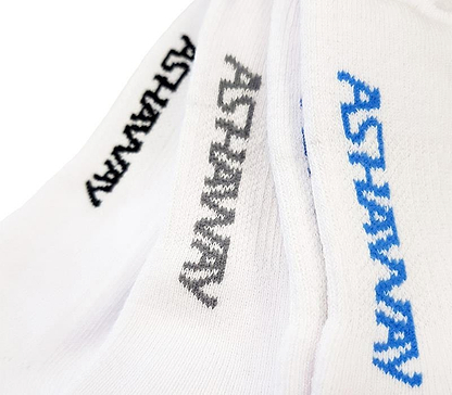 Close-up of the Ashaway Badminton Trainer Socks - White 3 Pack, each pair with "ASHAWAY" stitched near the top in black, gray, and blue, combining comfort and performance style.