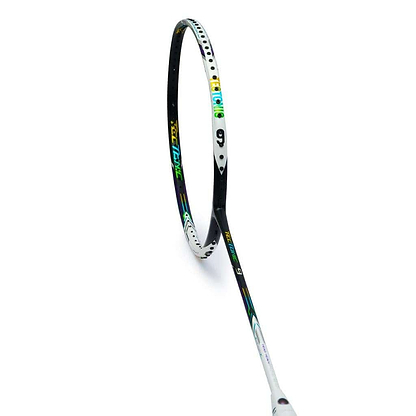 A close-up view of the Li-Ning TecTonic 9 4U Badminton Racket, featuring a sleek black and white design with vibrant details on the head, masterfully crafted from T1100G military-grade carbon fibre. The thin and elegant shaft gracefully tapers towards the handle, all showcased against a pristine white background.