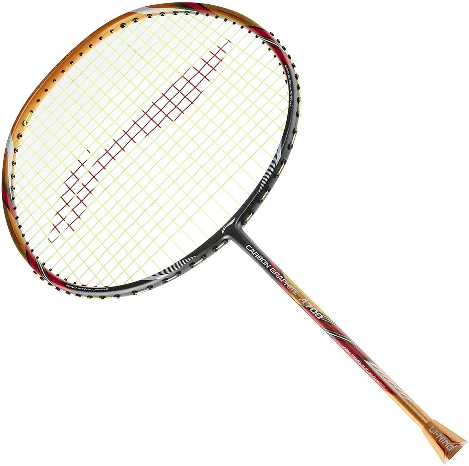 The Li-Ning Carbon Series A700 Badminton Racket features a gold and black frame, dynamic-optimum white stringing with red patterns, and a multicolored shaft showcasing striking red and gold hues. The prominently displayed text "Carbon Series" emphasizes its advanced carbon graphite construction.