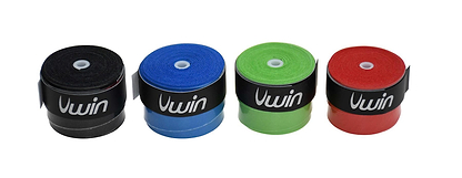 Four rolls of athletic tape in an array of vibrant colors: black, blue, green, and red. Each roll resembles the Uwin Badminton Overgrip, featuring "Uwin" on a distinctive black band. The rolls are neatly lined up in a row, offering a colorful selection ideal for enhancing any racket handle.