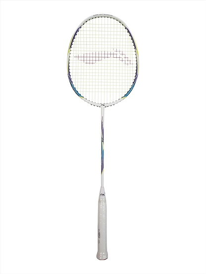The Li-Ning Windstorm 74 Badminton Racket - White, from the brand Li-Ning, is an ultralight racket with a white handle and black strings, displayed vertically against a plain white background. Its Dynamic-Optimum Frame includes subtle colored accents that improve both aesthetics and performance.