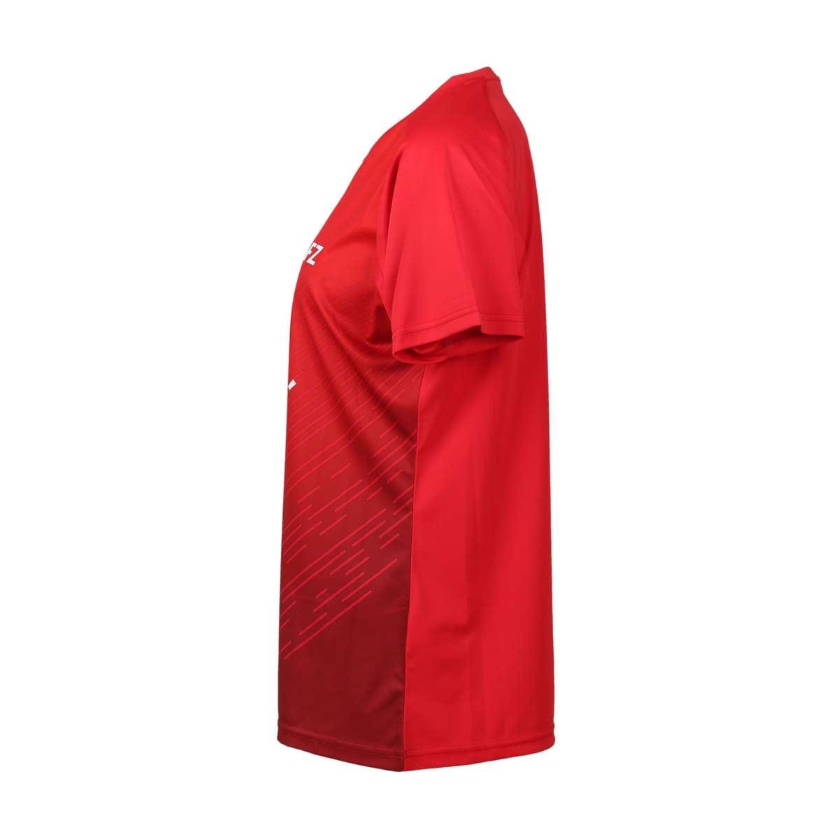 Side view of the FZ Forza Bali Red Girls/Women's Badminton T-Shirt in vibrant red, featuring a subtle pattern on the left side. This athletic tee from FZ Forza boasts short sleeves, a round neckline, and is designed to be stretch resistant for lasting durability.