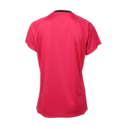 The FZ Forza Blingley Sparkling Cosmo Pink Badminton T-Shirt, designed by FZ Forza, showcases its back with a vibrant pink short-sleeve style and a minimalist design highlighted by a black collar. This women's shirt, made from quick-drying material, offers a smooth and lightweight fabric—ideal for intense badminton matches.