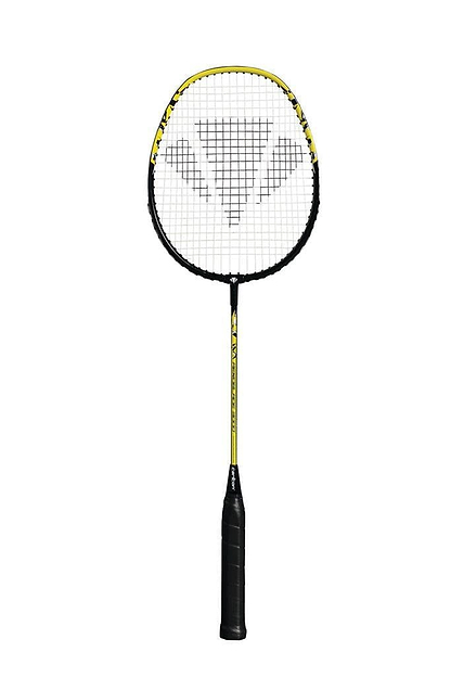 The Carlton Aeroblade 3000 Badminton Racket by Carlton, perfect for beginner players, showcases a sleek black and yellow design with its logo emblazoned on the strings, all set against a plain white background.