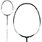 Displayed is the Li-Ning TecTonic 9 4U Badminton Racket with a white grip and a sleek, thin black frame made from T1100G military-grade carbon fiber. The primary racket is shown in full length on the left, with a close-up of the racket head to the right. Notably, it is pictured without strings.