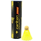 A synthetic shuttlecock in yellow and orange is upright beside a black cylindrical tube labeled "Carlton T800 Yellow Fast Badminton Nylon Shuttles - Tube 6," perfect for club use. The tube features striking yellow and red text alongside an eye-catching graphic of a shuttlecock.