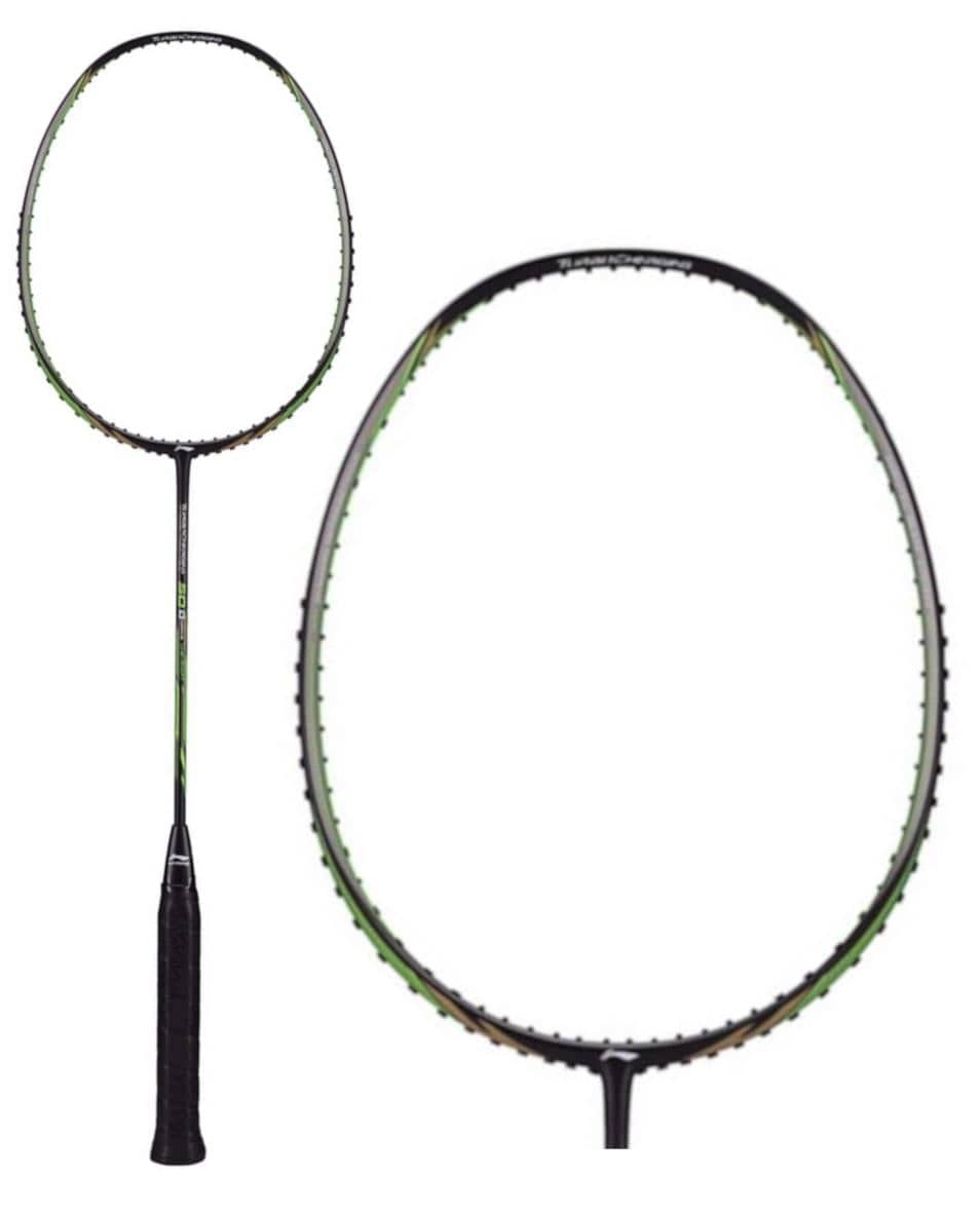 A close-up image of the Li-Ning Turbo Charging 50 Drive Badminton Racket highlights its sleek black handle and strings, showcasing the ultra carbon frame with vibrant green accents designed for maximum repulsion power. In the corner, a smaller version offers a full view of this dynamic piece by Li-Ning.