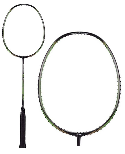 A close-up image of the Li-Ning Turbo Charging 50 Drive Badminton Racket highlights its sleek black handle and strings, showcasing the ultra carbon frame with vibrant green accents designed for maximum repulsion power. In the corner, a smaller version offers a full view of this dynamic piece by Li-Ning.