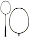 A close-up image of the Li-Ning Turbo Charging 50 Drive Badminton Racket highlights its sleek black handle and strings, showcasing the ultra carbon frame with vibrant green accents designed for maximum repulsion power. In the corner, a smaller version offers a full view of this dynamic piece by Li-Ning.