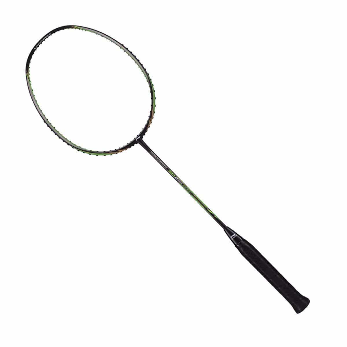The Li-Ning Turbo Charging 50 Drive Badminton Racket in black and green, expertly designed with ultra carbon for enhanced repulsion power, showcases a circular head and a black grip against a white background.