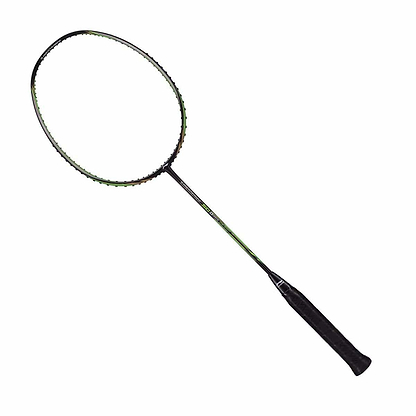 The Li-Ning Turbo Charging 50 Drive Badminton Racket in black and green, expertly designed with ultra carbon for enhanced repulsion power, showcases a circular head and a black grip against a white background.