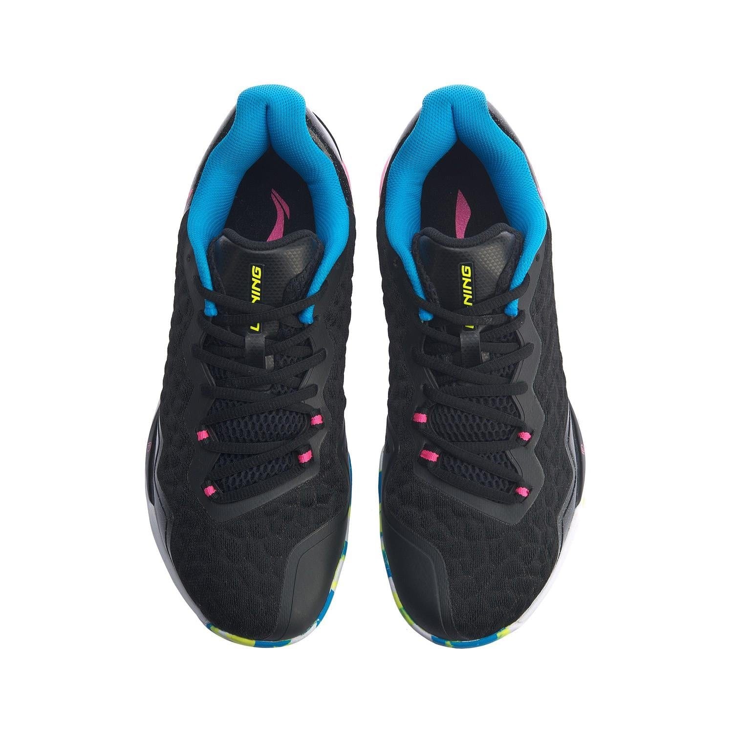 The Li-Ning Dagger II SE Men's Badminton Shoes in black and pink feature a top view showcasing their blue interiors and pink accents on the laces. These sports shoes include multicolored detailing near the toes and are designed with a textured pattern, enhanced by Drive Foam cushioning for optimal performance.