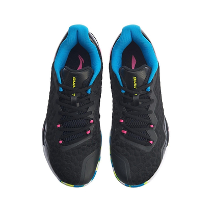 The Li-Ning Dagger II SE Men's Badminton Shoes in black and pink feature a top view showcasing their blue interiors and pink accents on the laces. These sports shoes include multicolored detailing near the toes and are designed with a textured pattern, enhanced by Drive Foam cushioning for optimal performance.