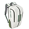 The Yonex 02312EX Expert Backpack, available in white and moss green, boasts a sleek design with multiple zippers. Featuring green-accented straps and the Yonex logo on the side, this high-quality luggage provides a versatile alternative for those on the go.