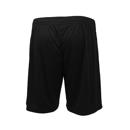 The back view showcases the FZ Forza Landers Junior Badminton Shorts in plain black, featuring an elastic waistband. Made from smooth, lightweight material, these shorts provide excellent breathability, ideal for both sports and casual wear. They are designed to end just above the knee.