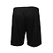 The back view showcases the FZ Forza Landers Junior Badminton Shorts in plain black, featuring an elastic waistband. Made from smooth, lightweight material, these shorts provide excellent breathability, ideal for both sports and casual wear. They are designed to end just above the knee.