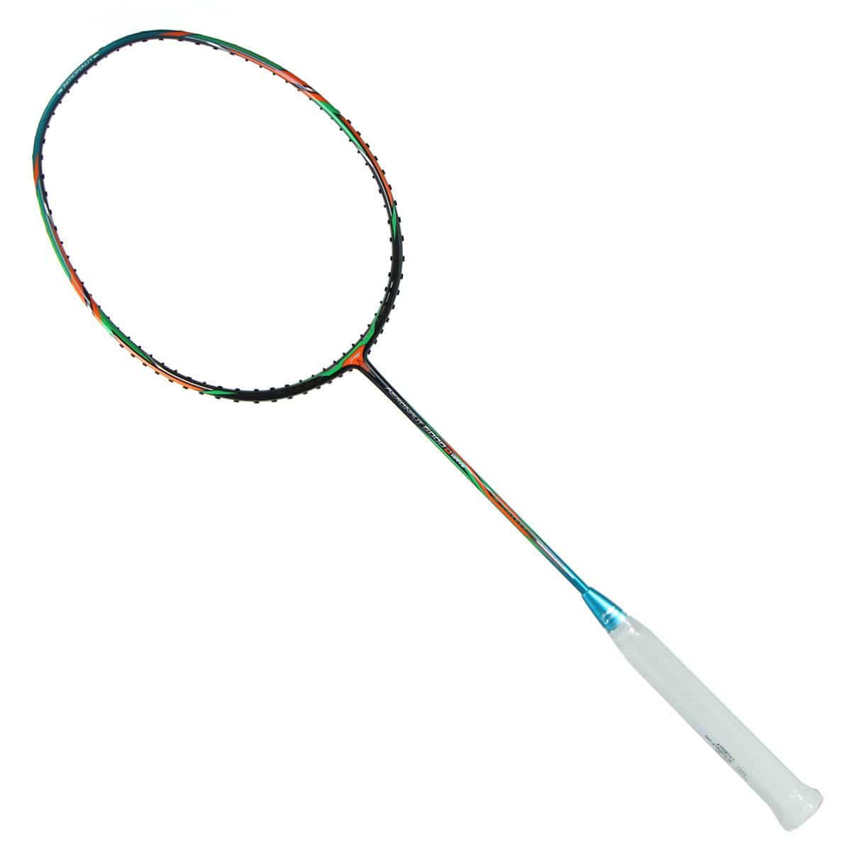 With the Li-Ning Aeronaut 6000 Drive Badminton Racket by Li-Ning, this racket showcases advanced Aeronaut technology, featuring a white handle, slim shaft, and a round head with multicolored accents on the black and blue frame against a plain white background.