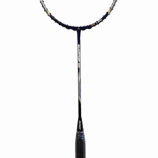 The Ashaway Quantum Q9 Badminton Racket - Blue, an attacking racket made with Ultra Power Carbon Graphite, features a striking black frame and a white-patterned shaft with a wrapped handle, standing elegantly against a plain white background.