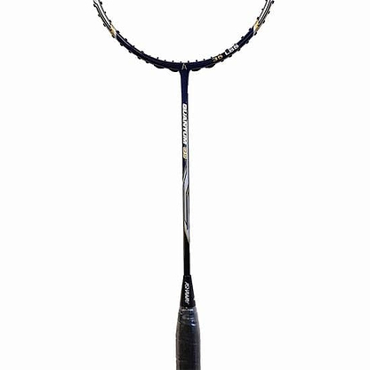 The Ashaway Quantum Q9 Badminton Racket - Blue, an attacking racket made with Ultra Power Carbon Graphite, features a striking black frame and a white-patterned shaft with a wrapped handle, standing elegantly against a plain white background.