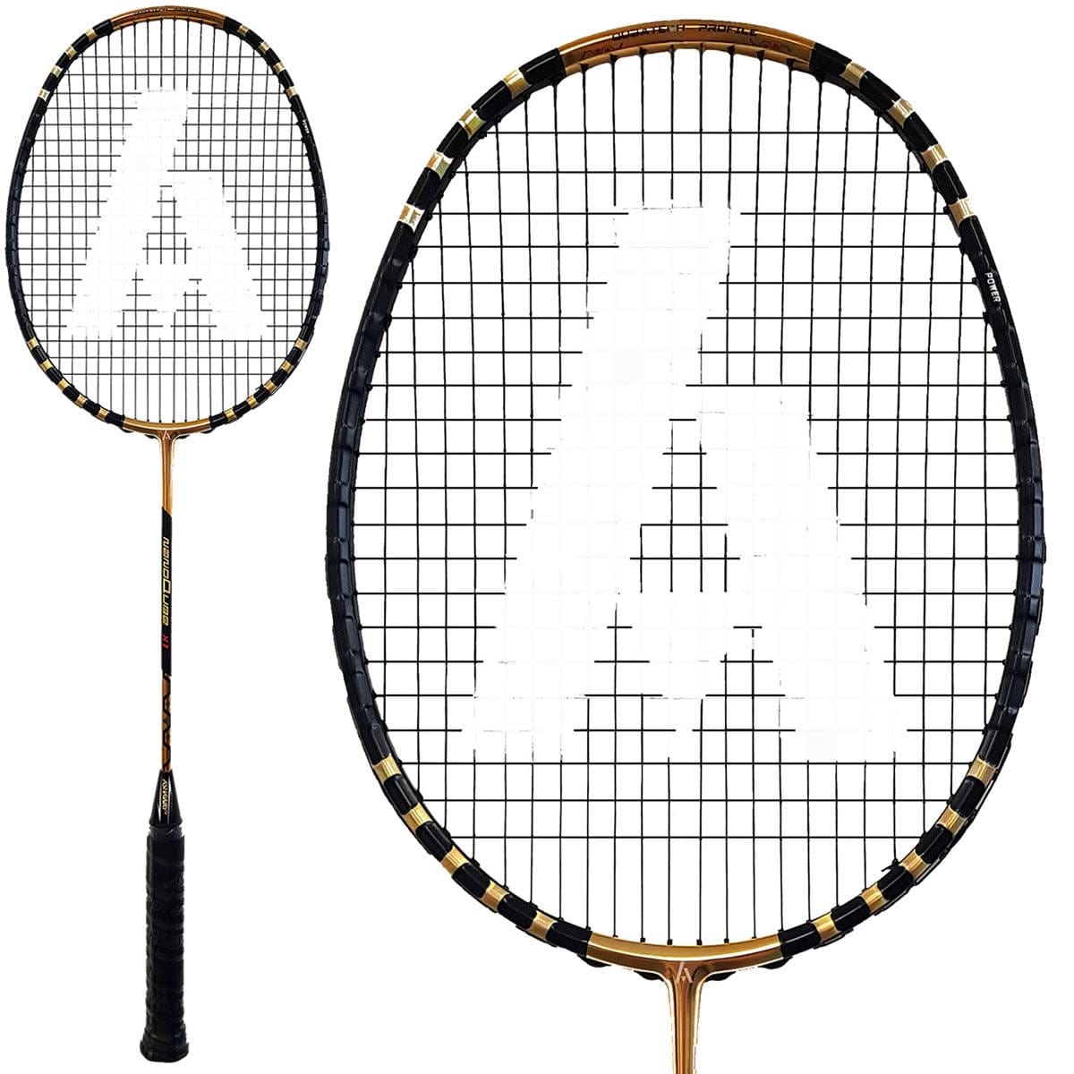 The Ashaway Nanoqube X1 Badminton Racket boasts a sleek and modern design with a black and gold frame featuring a Qubatech profile. The white "A" logo on the strings underscores its premium status within the NanoQube X1 range, while the black grip completes its sophisticated look.