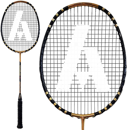 The Ashaway Nanoqube X1 Badminton Racket boasts a sleek and modern design with a black and gold frame featuring a Qubatech profile. The white "A" logo on the strings underscores its premium status within the NanoQube X1 range, while the black grip completes its sophisticated look.