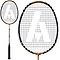 The Ashaway Nanoqube X1 Badminton Racket boasts a sleek and modern design with a black and gold frame featuring a Qubatech profile. The white "A" logo on the strings underscores its premium status within the NanoQube X1 range, while the black grip completes its sophisticated look.
