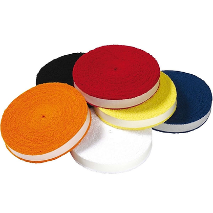 A set of six round abrasive wheels in different colors—black, orange, white, red, yellow, and blue—features a textured material similar to the soft touch and sweat absorption characteristics of the Victor Towel Badminton Racket Grip by Victor. These wheels are arranged side by side on a white background.