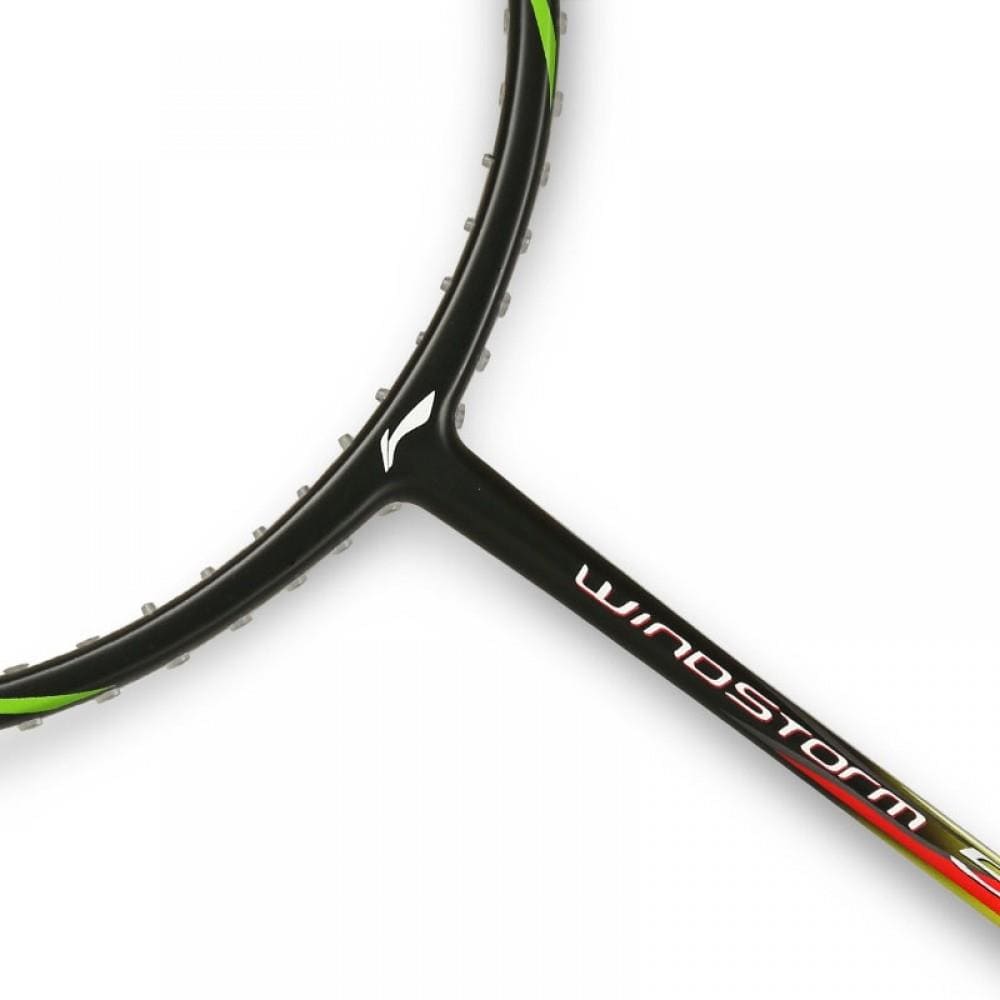 Close-up of the Li-Ning Windstorm 500 Badminton Racket frame. The design showcases yellow and black accents, with the brand name "Li-Ning" and "Windstorm" prominently printed on the side. Designed for speed and power, the frame features a streamlined and aerodynamic appearance.