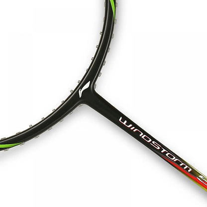 Close-up of the Li-Ning Windstorm 500 Badminton Racket frame. The design showcases yellow and black accents, with the brand name "Li-Ning" and "Windstorm" prominently printed on the side. Designed for speed and power, the frame features a streamlined and aerodynamic appearance.