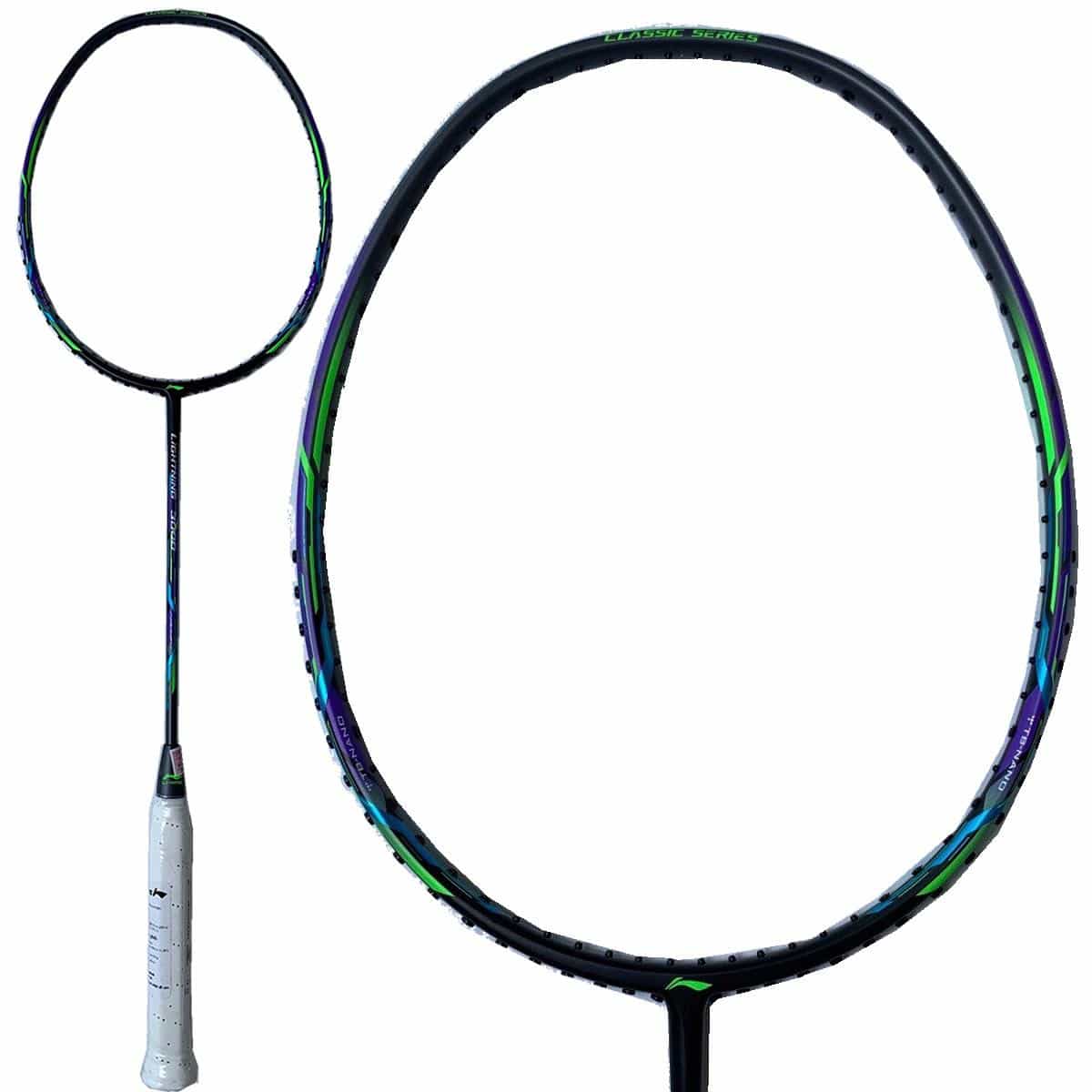 The Li-Ning Lightning 3000 Badminton Racket in grey and black features a flexible shaft with a white handle. The slim, dynamic-optimum frame is displayed both in a close-up of the racket head on the right and in its entirety on the left, set against a crisp white background.