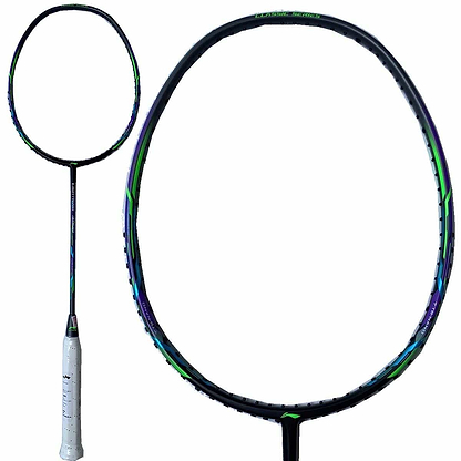 The Li-Ning Lightning 3000 Badminton Racket in grey and black features a flexible shaft with a white handle. The slim, dynamic-optimum frame is displayed both in a close-up of the racket head on the right and in its entirety on the left, set against a crisp white background.