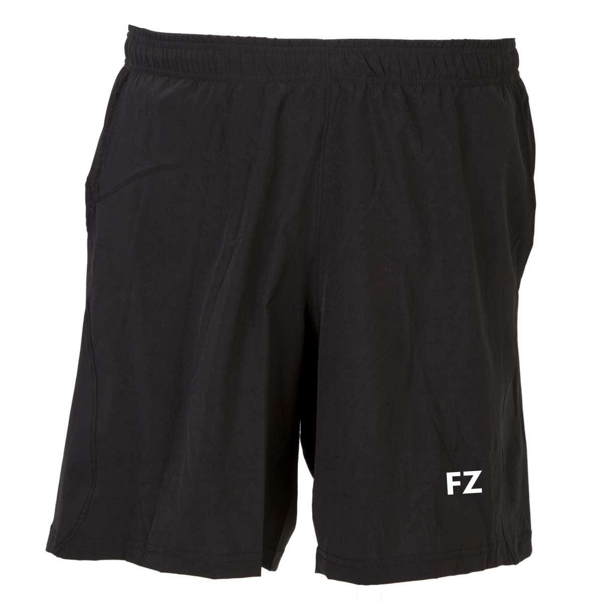 Experience the sporty elegance of the FZ Forza Ajax Mens/Junior Badminton Shorts in black. These athletic shorts come with an elastic waistband for a perfect fit and are tastefully decorated with a small white "FZ" logo on the lower left leg, seamlessly merging comfort and style.