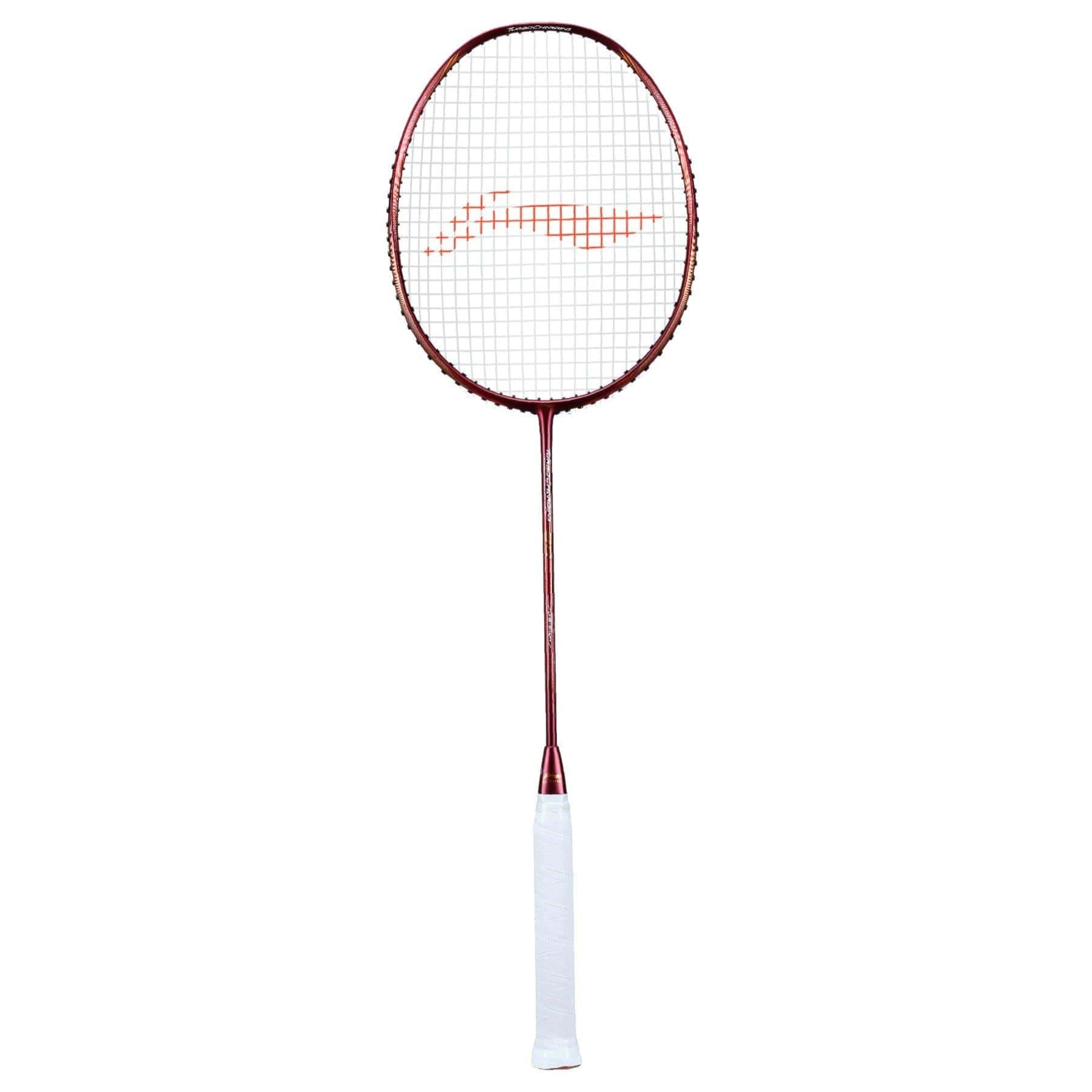 The Li-Ning Turbo Charging 80 Badminton Racket - Red is a high-performance racket with a red frame, white strings, and a white grip handle, engineered for aerodynamic efficiency and showcased against a white background.