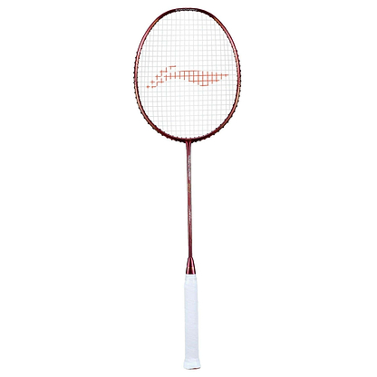 The Li-Ning Turbo Charging 80 Badminton Racket - Red is a high-performance racket with a red frame, white strings, and a white grip handle, engineered for aerodynamic efficiency and showcased against a white background.