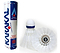 The Karakal National Natural Nylon Shuttlecocks - White Medium - Set of 6 features six shuttlecocks in a tube, each with a white design and blue accents, perfect for training and casual play. Two are shown outside the tube: one upright and another on its side, highlighting its natural cork base and feathered design.