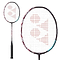 The image features a close-up of the Yonex Astrox 100 Tour 3U Kurenai Badminton Racket in red, highlighting its black handle and striking red accents. Designed for attacking play, this racket is characterized by its head-heavy balance. The white stringing is adorned with a distinctive red geometric logo at the center. The racket is depicted from two different angles against a plain white background.
