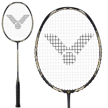 The Victor Jetspeed S10C Badminton Racket - Black Gold, made with Japanese carbon fibre, features a white string pattern and a stylized bird logo. Golden accents adorn the frame and handle, with a detailed close-up of its head displayed on the right side of the image.